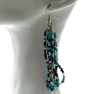 Multi-Strand Glass Seed Bead Dangle Earrings Aqua Blue & Brown